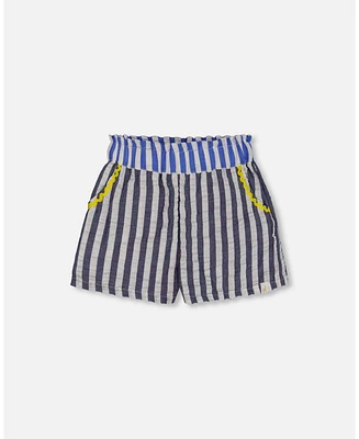 Deux par Toddler Girls Seersucker Short Navy Blue And White - Toddler|Child