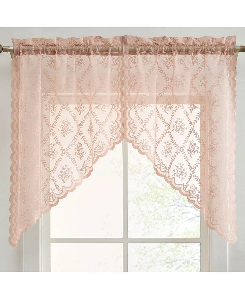 Hlc.me Isabella Floral Rod Pocket Lace Short Cafe Swags for Small Windows - 28 x 36 Inch Length (Blush Pink Swags, Set of 2)