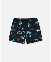 Deux par Boys Printed Swim Trunks Light Blue Beach On Black