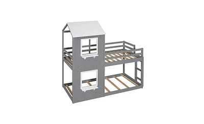 Wooden Loft Bunk Bed with Roof, Guardrail, and Built-In Ladder