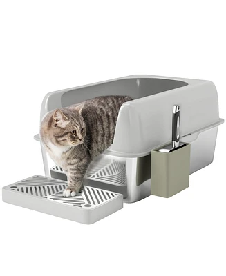 PawHut Stainless Steel Litter Box with High Sided for Anti-Urine Leakage