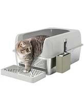 PawHut Stainless Steel Litter Box with High Sided for Anti-Urine Leakage