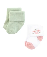 Hudson Baby Girls Cotton Rich Newborn and Terry Socks, Coral Pretty Floral, Months