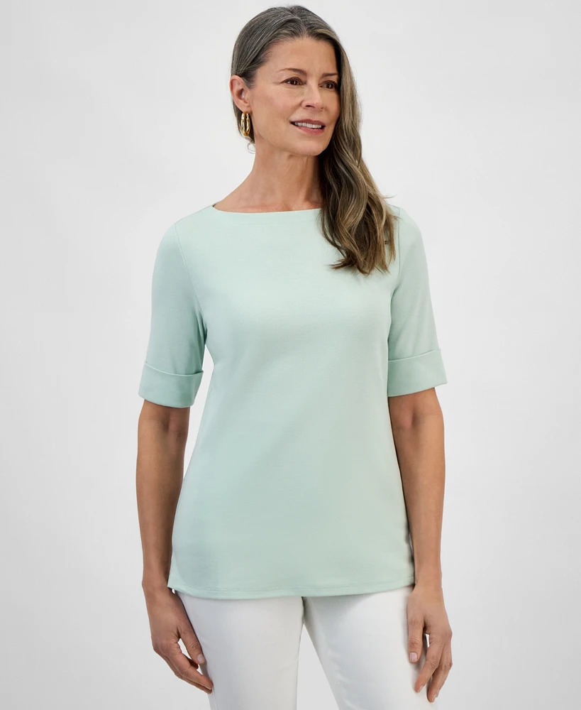 Style & Co Petite Cotton Elbow-Sleeve Boat-Neck Top, Created for Macy's