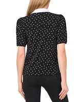 CeCe Women's Printed Contrast-Collar Puff-Sleeve Top