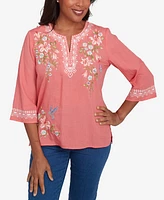 Alfred Dunner Women's Free Spirit Bohemian Floral Embroidered Flutter Sleeve Top