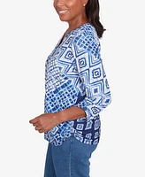 Alfred Dunner Women's Free Spirit Ikat Patched Geometric Top