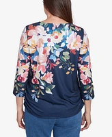 Alfred Dunner Women's Free Spirit Floral Knit Ruched Sleeve Top