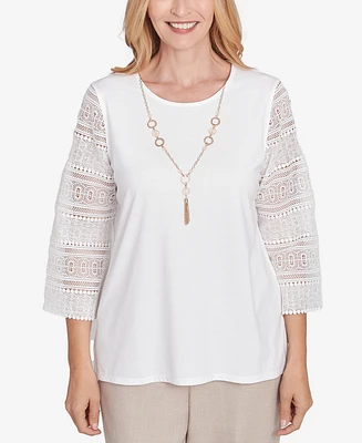 Alfred Dunner Women's Kensington Gardens Solid Lace Sleeve Knit Top with Necklace