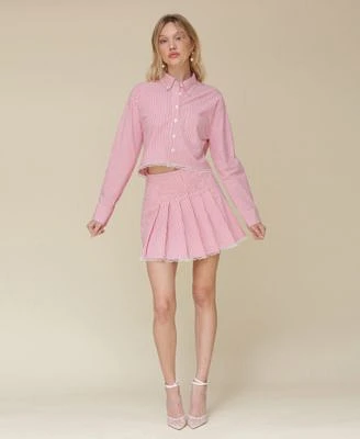 Avec Les Filles Womens Striped Lace Trimmed Cropped Shirt Pleated Lace Trim Mini Skirt
