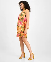 Robbie Bee Women's Floral-Chiffon Mock-Neck Trapeze Dress