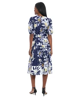 London Times Petite Printed Puff-Sleeve Midi Dress