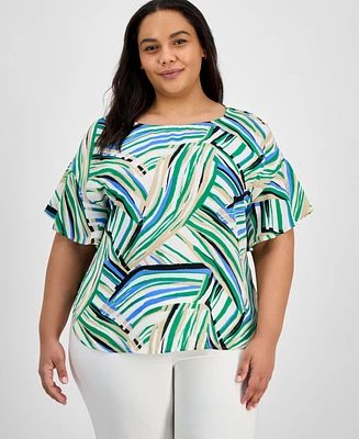 Anne Klein Plus Printed Flutter-Sleeve Blouse