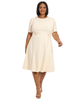 London Times Plus Crewneck Button-Tab Short-Sleeve Midi Dress