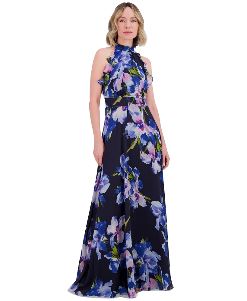 Eliza J Floral Chiffon Ruffled Halter Maxi Dress