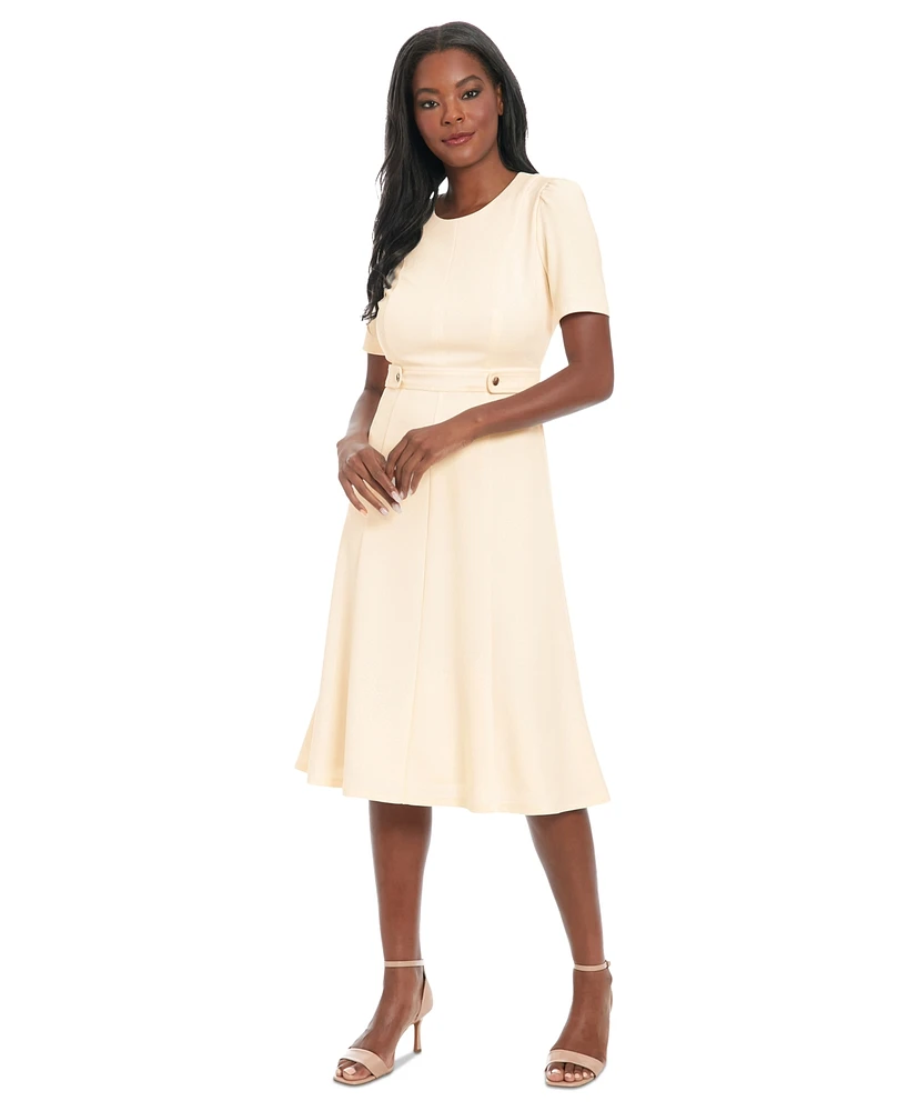 London Times Petite Crewneck Button-Tab Short-Sleeve Midi Dress