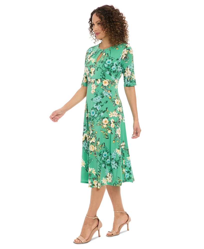 London Times Petite Printed Keyhole Elbow-Sleeve Midi Dress