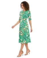 London Times Petite Printed Keyhole Elbow-Sleeve Midi Dress