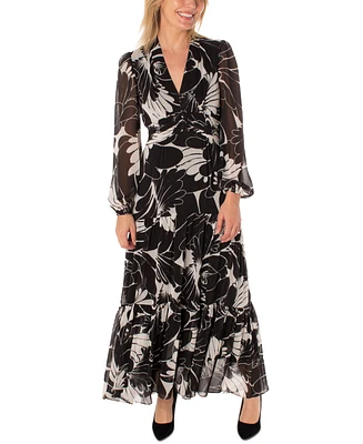 Taylor Petite Printed Blouson-Sleeve Maxi Dress