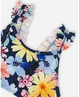 Deux par Girls Printed Two-Piece Swimsuit Navy And Yellow Pink Flowers