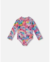 Deux par Girls Printed Long Sleeve Rashguard Butterflies On Multicolored Background