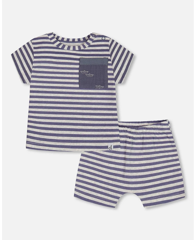 Deux par Baby Boys Cotton Short Sleeve Top And Set Striped Navy