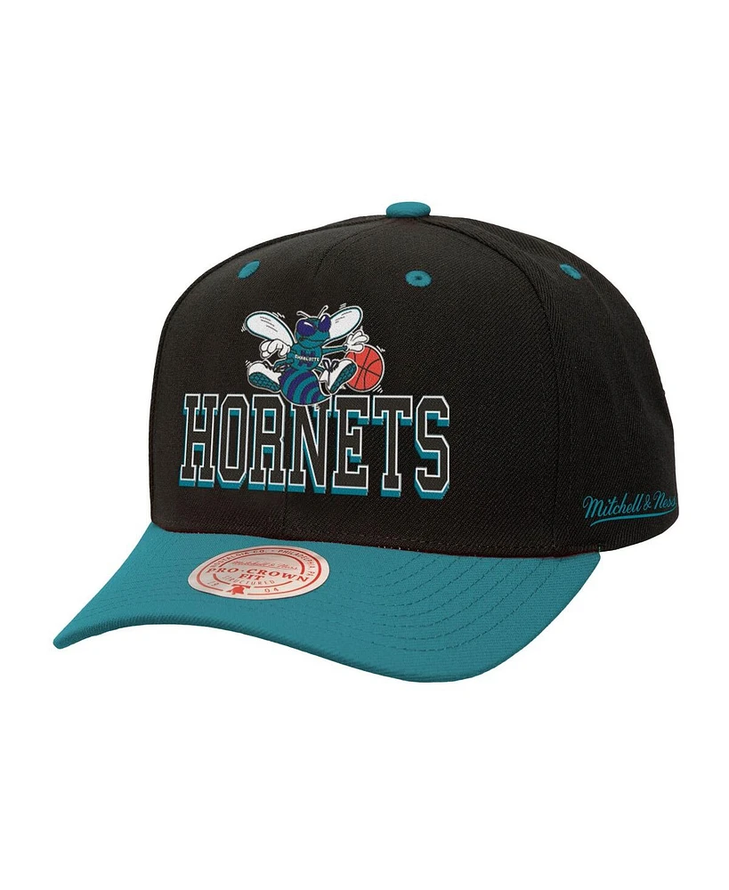 Mitchell & Ness Men's Black/Teal Charlotte Hornets Backside Script Two-Tone Pro Crown Adjustable Hat