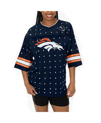 Gameday Couture Women's Navy Denver Broncos Kickoff Time Allover Rhinestone Sports Stripe Jersey V-Neck T-Shirt