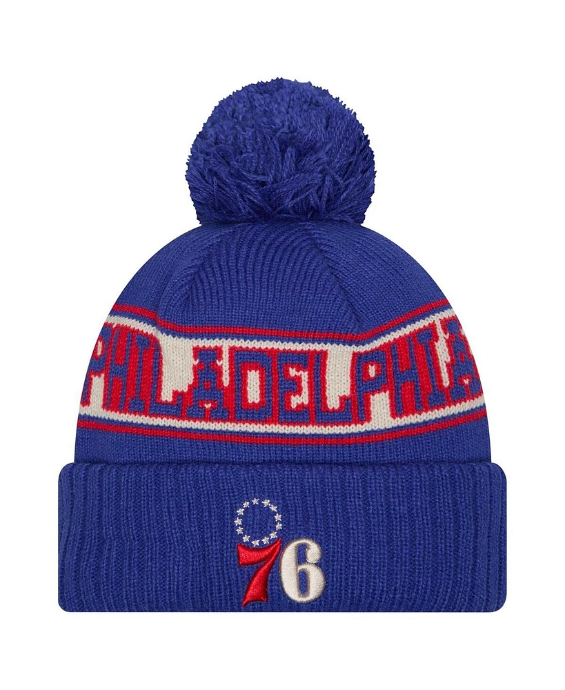 New Era Men's Royal Philadelphia 76ers Throwback Retro Cuffed Knit Hat with Pom