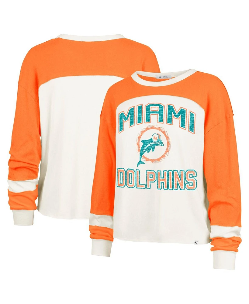 '47 Brand Women's Cream Miami Dolphins Double Header Curve Raglan Long Sleeve Crop Top