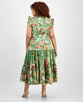 Anne Klein Plus Printed Drawstring-Waist Midi Dress