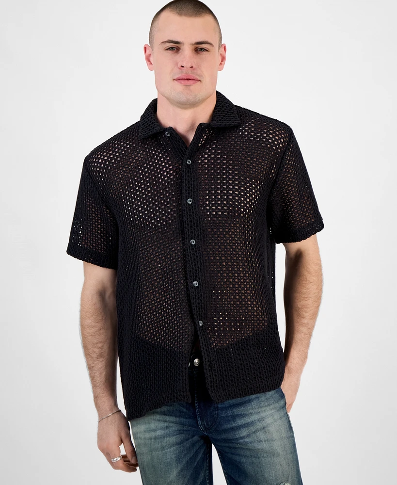 Guess Men's Relaxed-Fit Open Mesh-Knit Button-Down Shirt