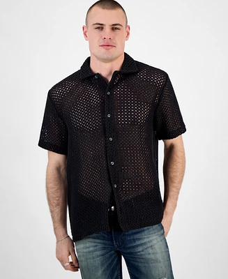 Guess Men's Relaxed-Fit Open Mesh-Knit Button-Down Shirt
