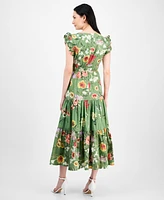 Anne Klein Women's Printed V-Neck Drawstring Maxi Dress