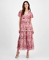 Anne Klein Women's Printed Surplice-Neck Flutter-Sleeve Dress