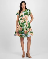 Tahari Petite Floral Belted Pleated Short-Sleeve Dress