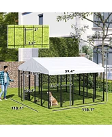 PawHut Outdoor Dog Kennel with Rotating & Adjustable Bowls, 9.8' x 9.8' x 6