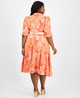 Tahari Asl Plus Printed Belted Midi Shirtdress