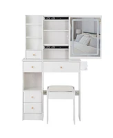 50.40"Small Size Left Drawer Desktop Vanity Table + Cushioned Stool, 2 Ac+2 Usb Power Station, Hair dryer bracket,White