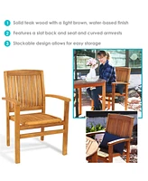 Stackable Wooden Outdoor Patio Dining Armchair with Slat Back - Light Brown Finish