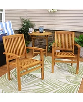 Outdoor Patio Dining Armchairs with Slat Back - Light Brown Finish - Set of 2