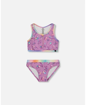 Deux par Girl Printed Two-Piece Swimsuit Old Mauve And Multicolored Butterflies - Toddler|Child