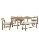 6-piece Retro Farmhouse Style Dining Set, Rectangular Table and 4 Upholstered Chairs with Rattan and Bench for Dining Room and Kitchen