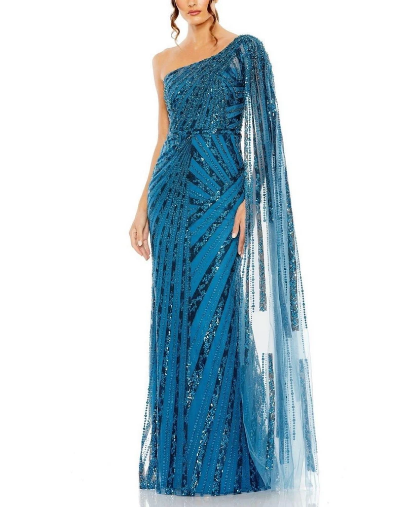 Mac Duggal Women's One Shoulder Cape Sleeve Embellished Gown