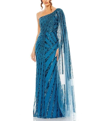 Mac Duggal Women's One Shoulder Cape Sleeve Embellished Gown