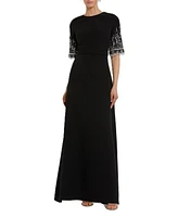 Mac Duggal Women's Crepe A Line Gown With Beaded 3/4 Sleeves