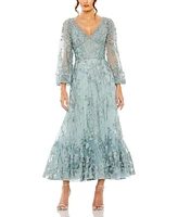 Women's V-Neck Mesh Puff Sleeve A Line Embellished Dress