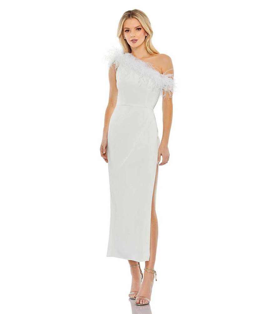 Mac Duggal Women's Feather Trim One Shoulder Draped Dress