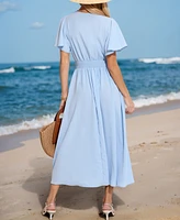 Women's V-Neck Flutter Sleeve Midi Beach Dress