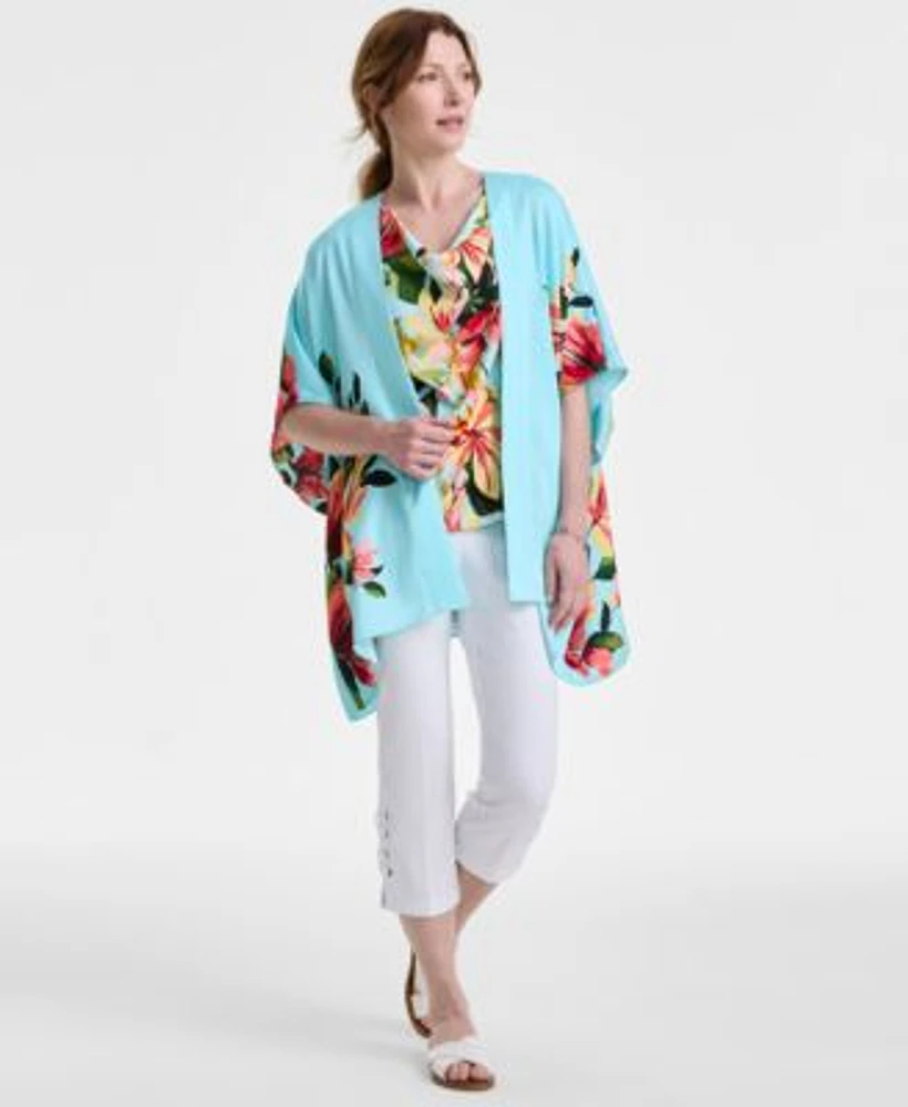 Jm Collection Womens Satin Kimono Floral Print Mixed Media Top Exclusively At Macys